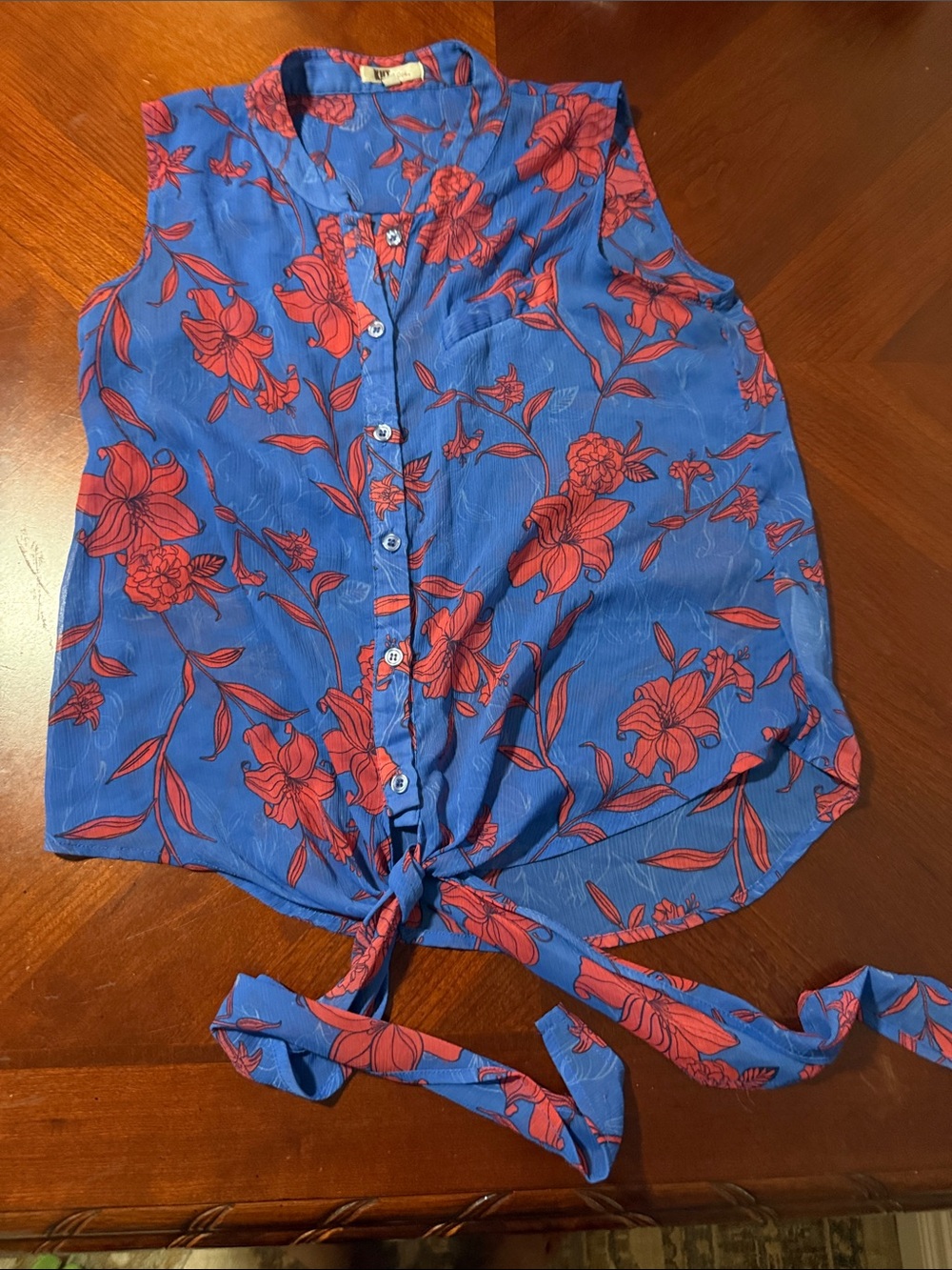 Kut from the Kloth Blue Sleeveless Button-Front Tie-Hem Floral Blouse Sz S